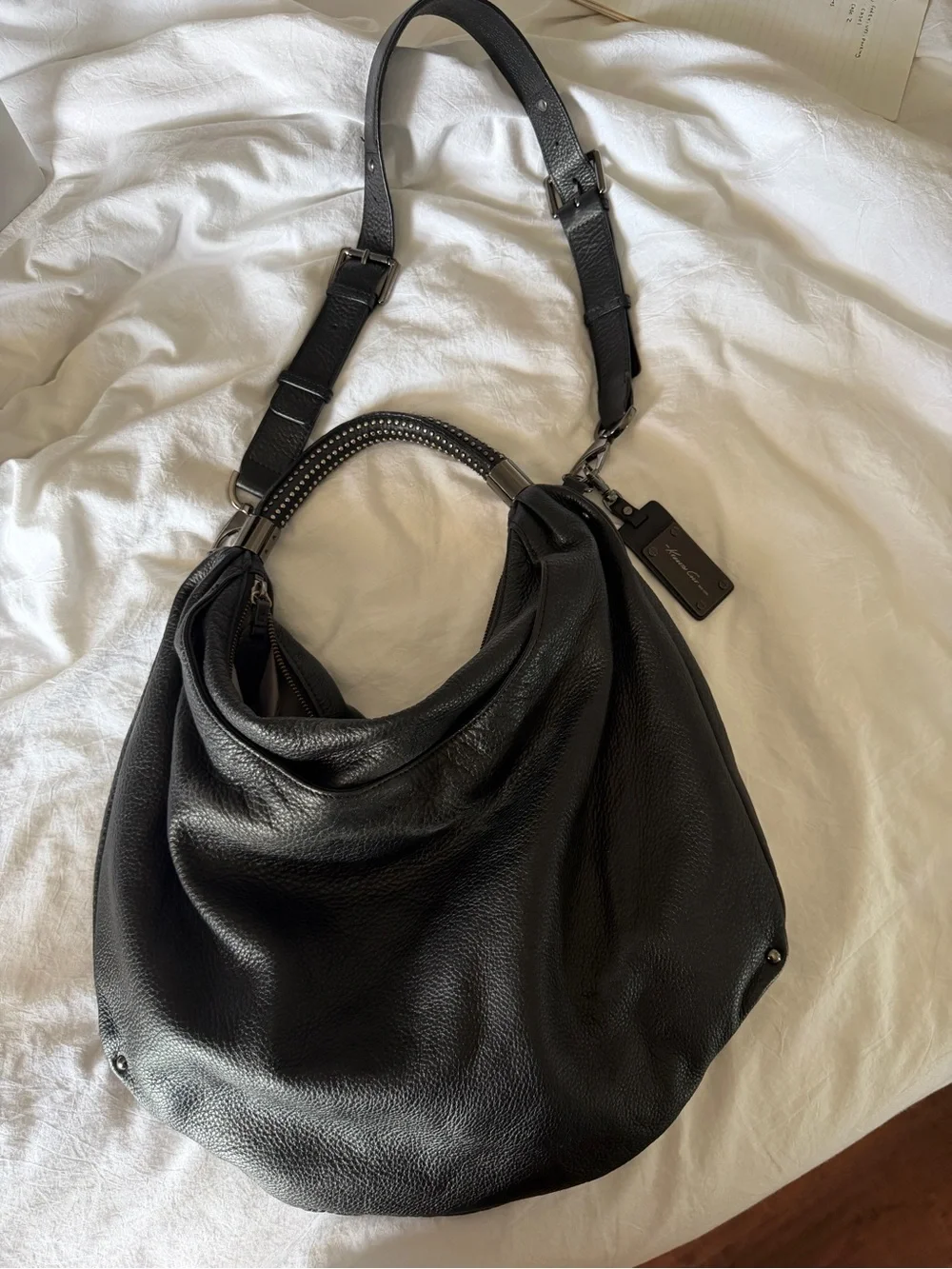 Kenneth Cole Black Pebbled Leather Hobo Bag crossbody shoulder adjustable